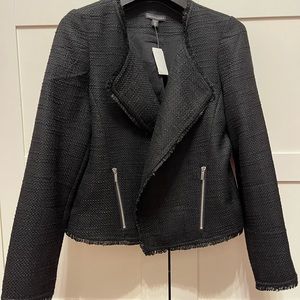 NWOT Black bouclé open jacket/blazer fringe trim